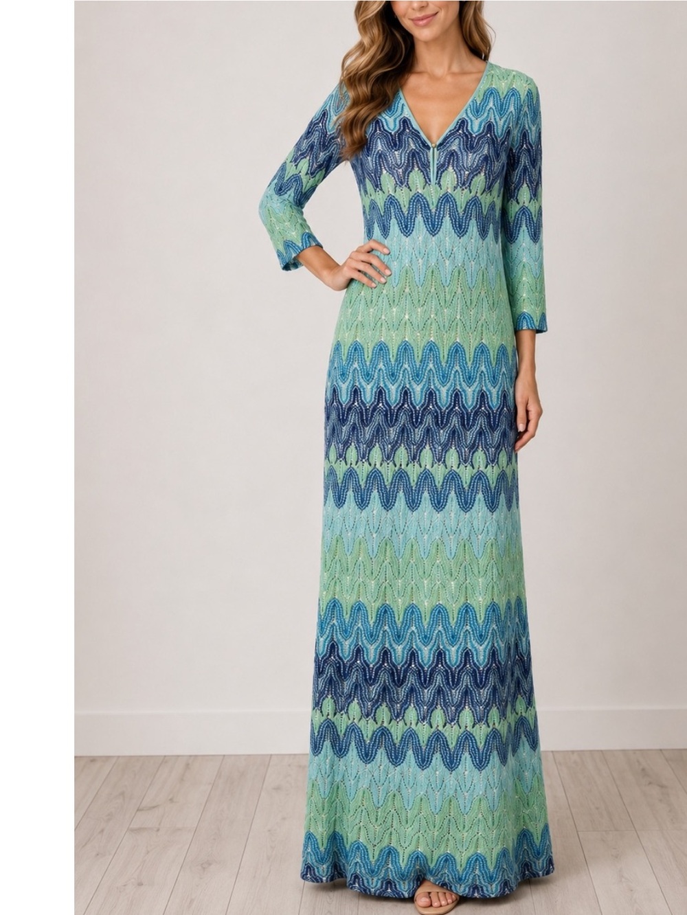 Lilly Pulitzer Blue and Green Wave-Print Maxi Dress